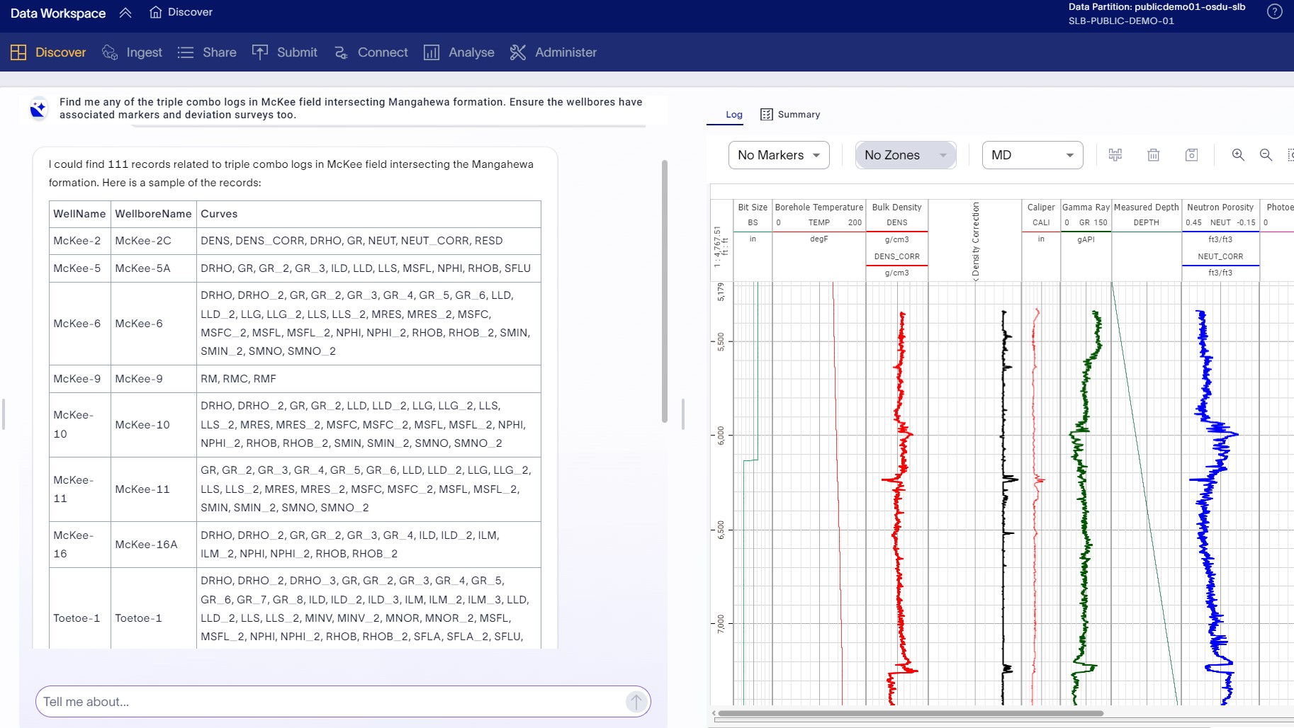 Figure 1: DW search assistant manages the complex task of translating user natural language queries into database queries that traverse the OSDU entity relationships. Retrieved records are semantically routed to data viewers customized on entity type (map, log, seismic, document etc.).