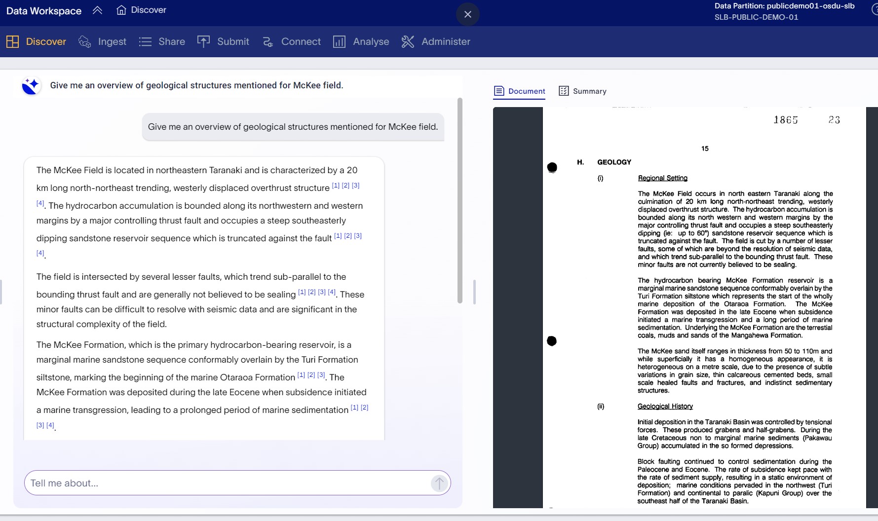 Figure 3: DW search assistant taps into unstructured document data to summarize information from multiple pages/documents based on user query. Citations provided along with extracted factual information point to the original data source enabling rapid validation.