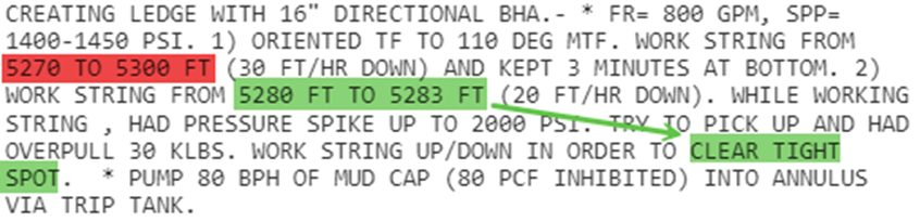 Figure 5: Example of activity description referring to a tight spot. The tight spot is semantically related to the 5280-5283 FT interval. A regular expression approach would not know the difference and would also extract the 5270-5300 FT interval