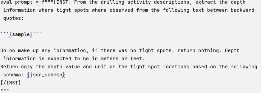 Figure 6: Zero shot prompt template used to extract tight spots information from the activity description (sample) into a predefined format (json_schema)