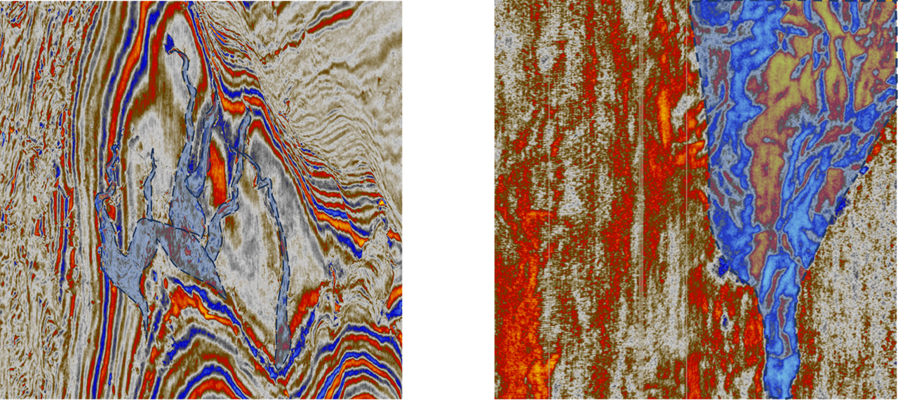 Figure-1: Channels (left) and Fans (right) depicted above with blue shading. Fans are typically large-scale structures, and their automatic detection is a challenging task to accomplish using traditional ML approaches. Our FM-based approach can discover such geofeatures with varying length scales.