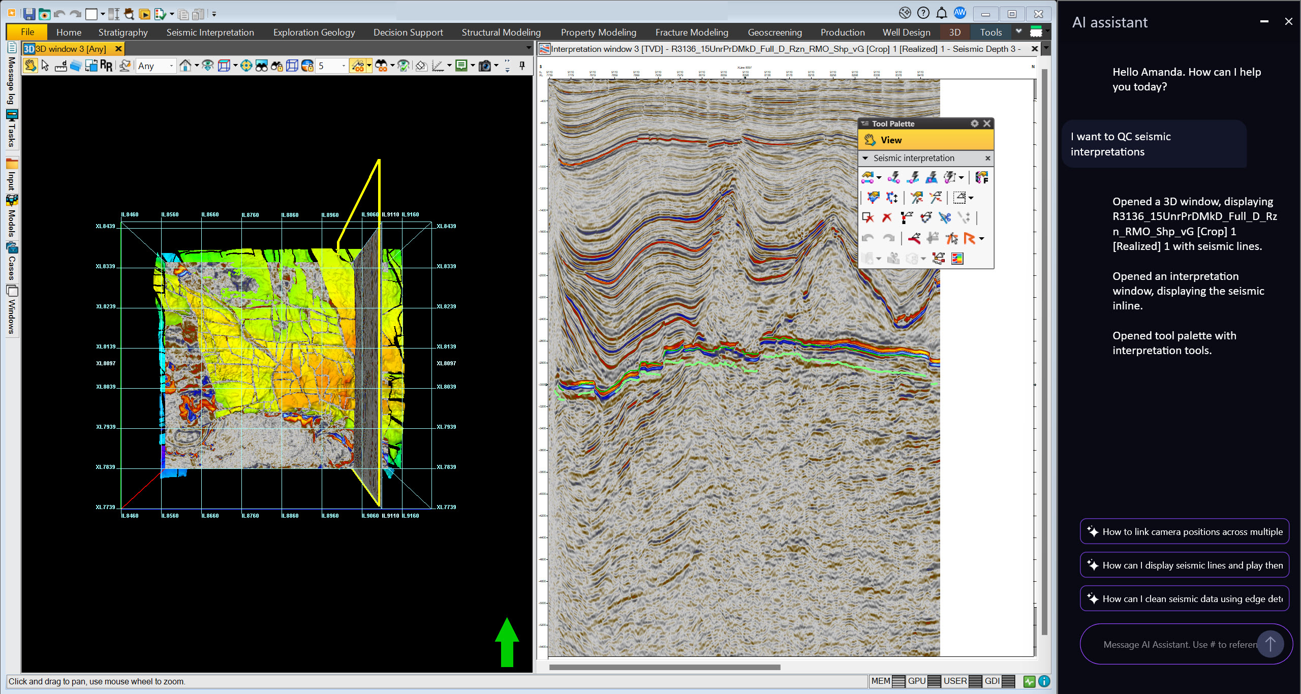 Figure 1: The assistant understands the intention for seismic QC and opens the correct windows, finds the correct data, and opens the interpretation tool palette. It then suggests other relevant actions the user could take next based on previous intention and context.