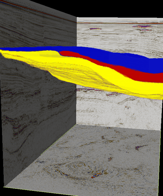 Figure 1a. Foreset segmentation across Parihaka. The segmentation model is rapidly built using the pretrained seismic FM and very few labels. This lightweight trained model is used to segment the foresets across the survey. The multi-class foresets are overlayed with red, yellow and blue colors. Figure 1b provides a sectional view.