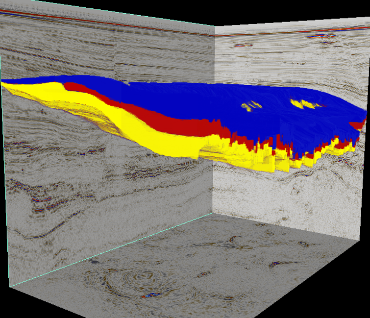 Figure 1a. Foreset segmentation across Parihaka. The segmentation model is rapidly built using the pretrained seismic FM and very few labels. This lightweight trained model is used to segment the foresets across the survey. The multi-class foresets are overlayed with red, yellow and blue colors. Figure 1b provides a sectional view.