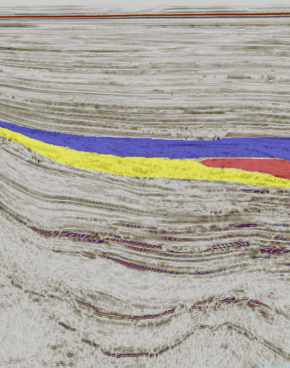 Figure 1b. A sectional view of the foreset segmentation results for Parihaka. The multi-class foresets are overlayed with red, yellow and blue colors. See Figure 1a for the segmentation performance when the model is applied to the entire survey.