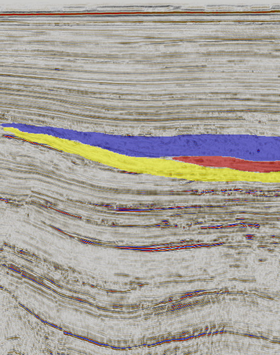 Figure 1b. A sectional view of the foreset segmentation results for Parihaka. The multi-class foresets are overlayed with red, yellow and blue colors. See Figure 1a for the segmentation performance when the model is applied to the entire survey.