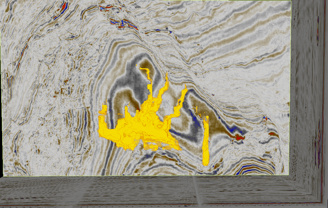 Figure 2. Channel segmentation within Parihaka. Using a few labels, and our pretrained seismic FM, the expert can rapidly build a model for such geobody segmentations.