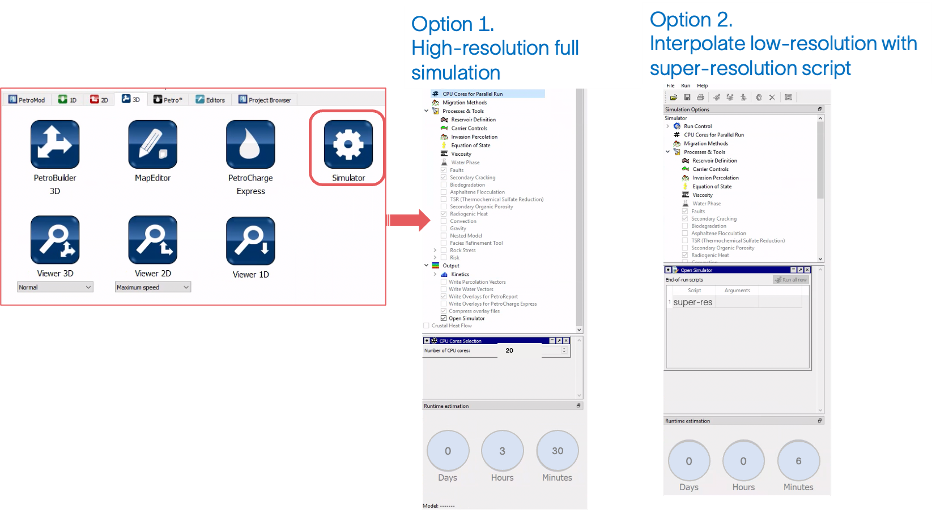 Figure 3. Simulation options to increase property resolution. Option 1 is the traditional approach in Petromod, and Option 2 is the super-resolution approach in Petromod.